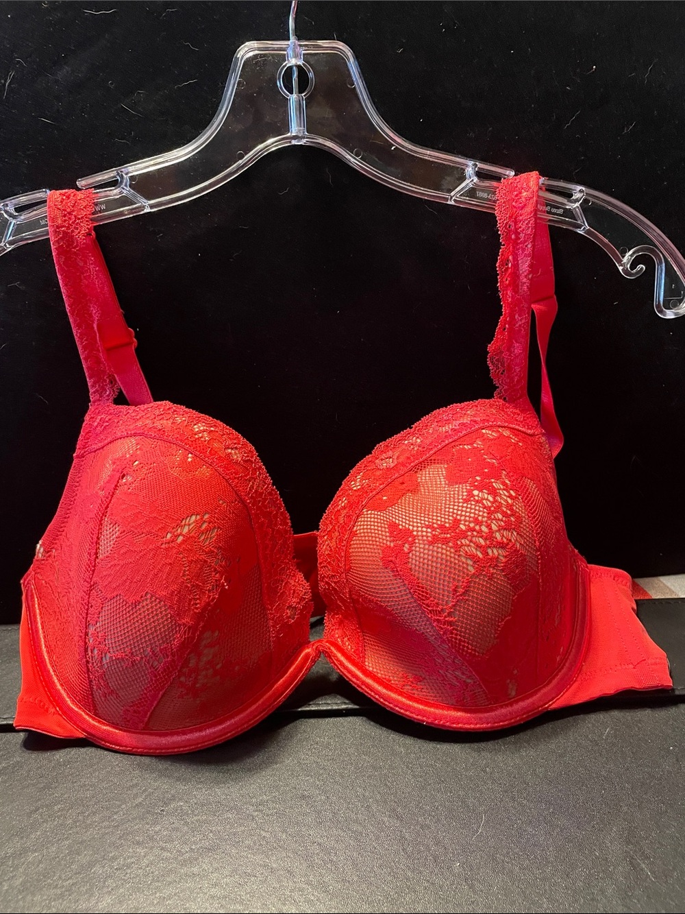 Cacique Red Lace Underwire Bra with Sheer Floral Overlay